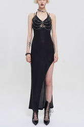 Robe Punk Longue à Fente Haute en Dentelle avec Découpe Noire, Chaîne, Col Licou pour Femme